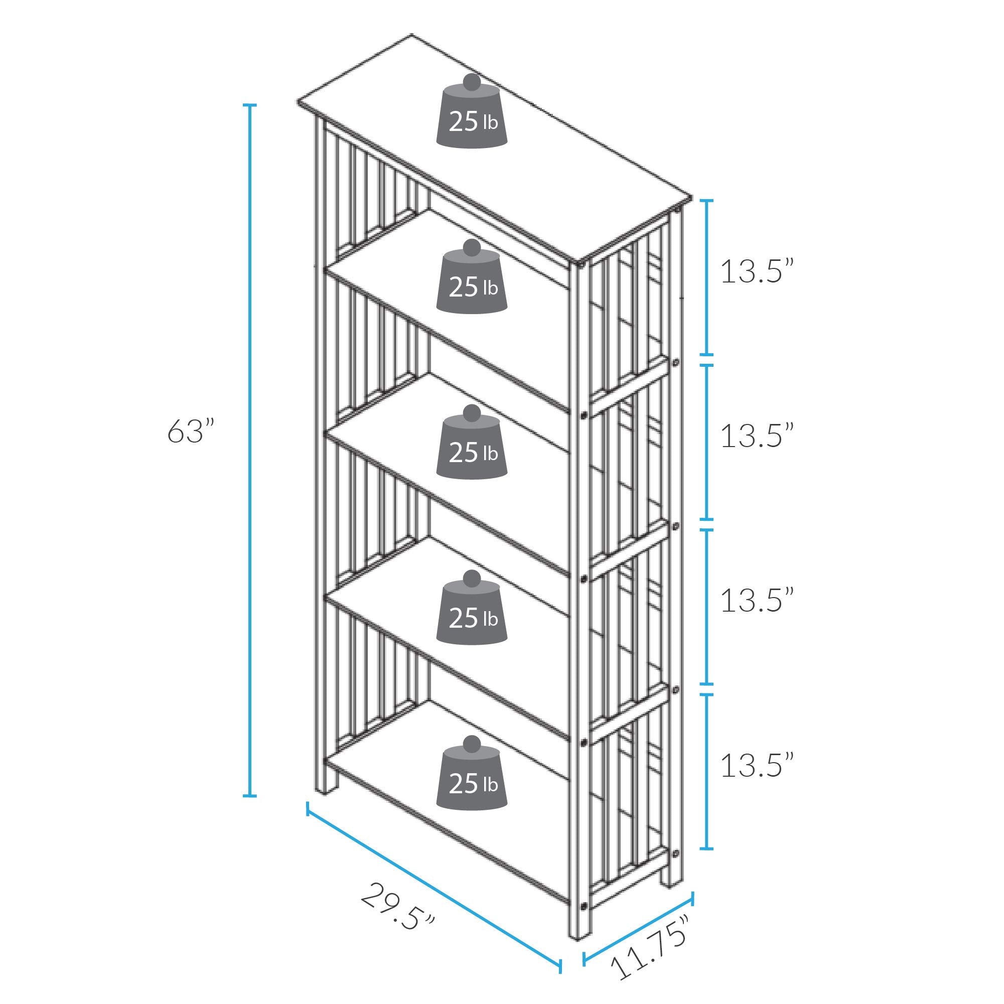 Casual Home Mission Style 5-Shelf White Bookcase,310-61