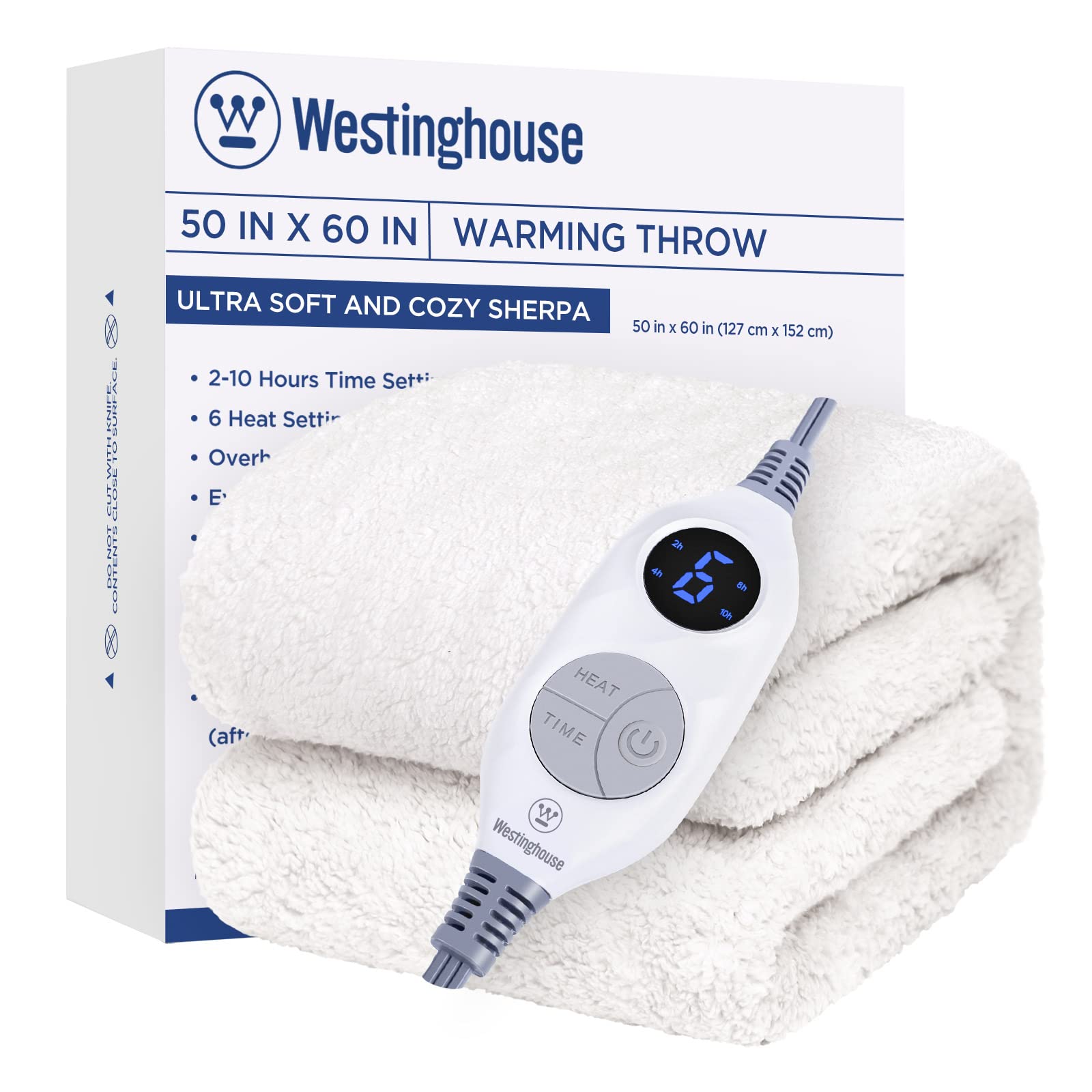 Westinghouse Electric Blanket Throw Size, Soft Plush Sherpa Heated Blanket with 6 Heating Levels & 2-10 Hours Auto-Off, Machine 