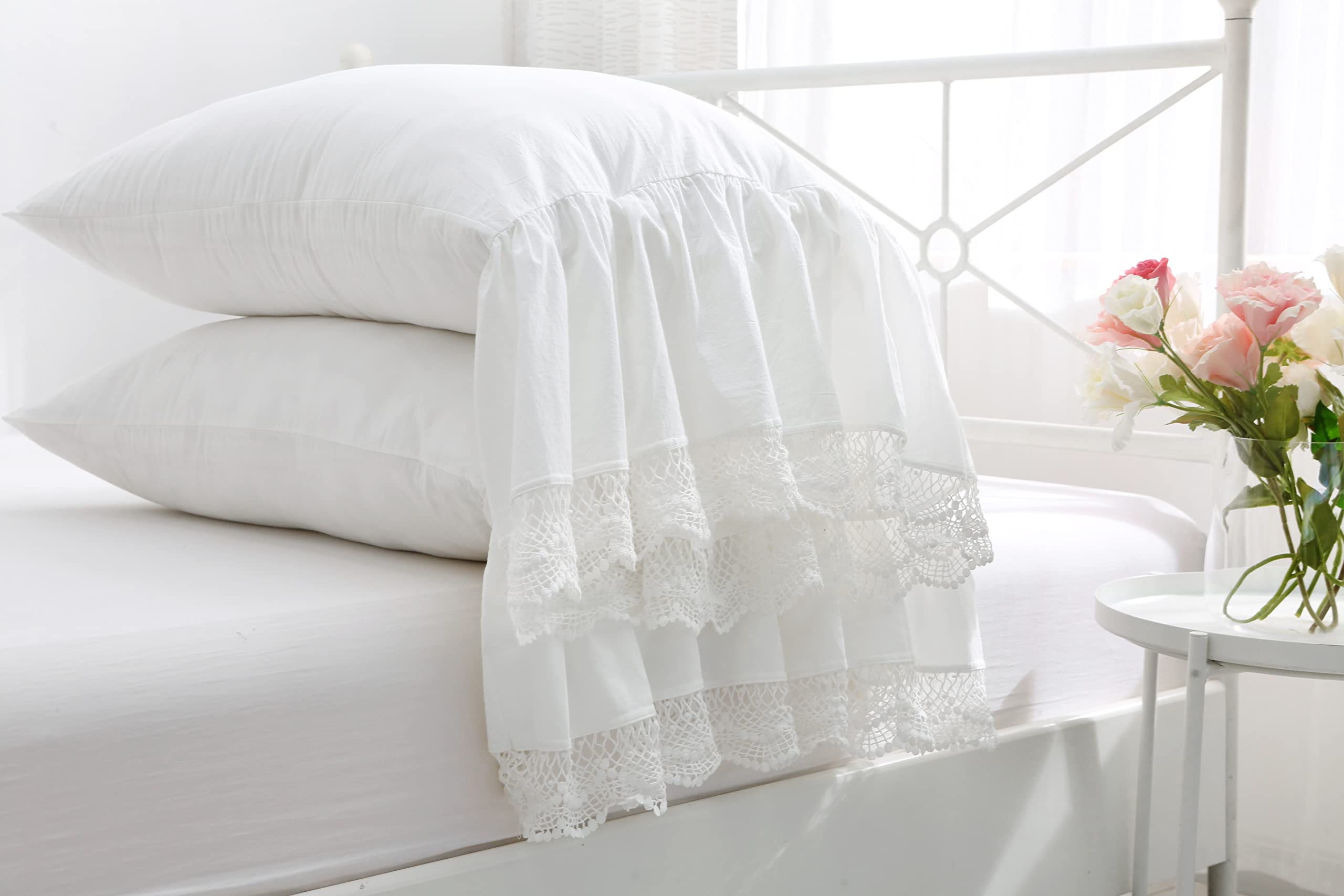 Ivory White Pillowcases With Eyelet Crocheted Lace Ruffles Pillow Shams Cotton King Size 20'X36' 2-Pack
