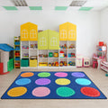 Classroom Carpets Playmat Rugs - 6X9 Ft Kids Rug With Rubber Backing, Colorful Circle On Blue Background Classroom Seating Rug P
