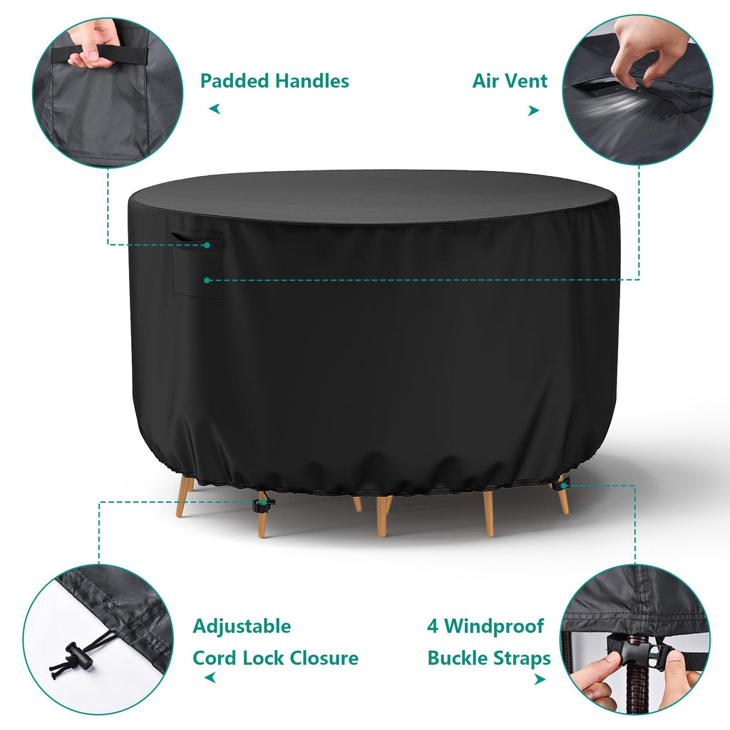 Brosyda Round Patio Furniture Cover, Waterproof Outdoor Table Covers, Windproof Heavy Duty Patio Furniture Cover For Outdoor Table Chair Furniture Set, Tear Resistant, 110'Dia X 28'H, Black
