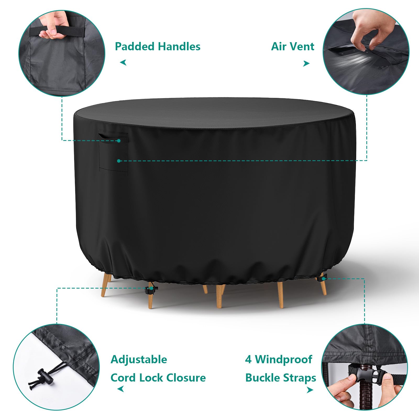 Brosyda Round Patio Furniture Cover, Waterproof Outdoor Table Covers, Windproof Heavy Duty Patio Furniture Cover For Outdoor Table Chair Furniture Set, Tear Resistant, 110'Dia X 28'H, Black