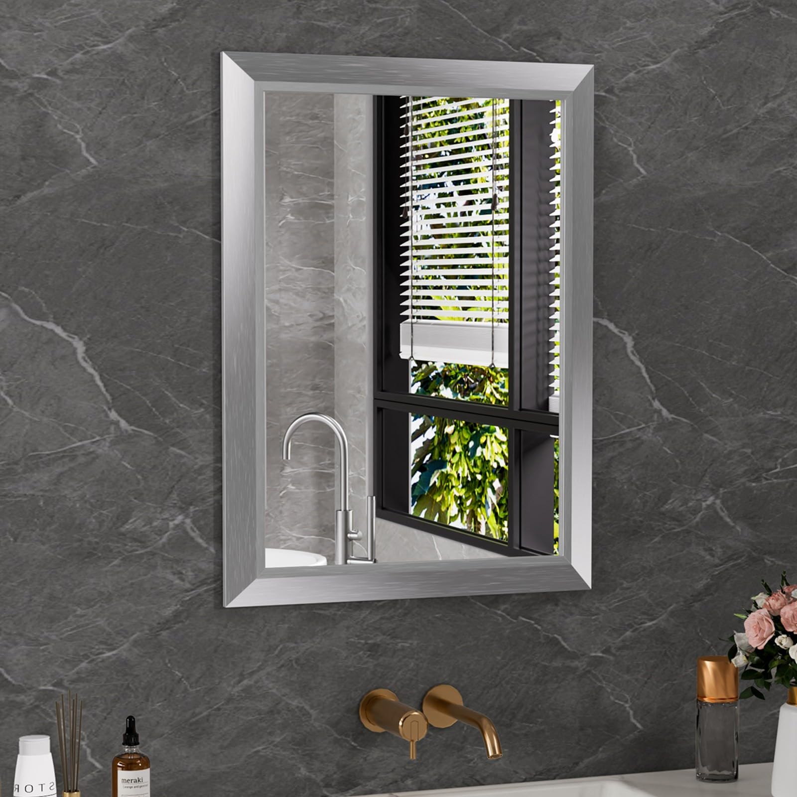 Amorho 48x36 Inch Bathroom Mirror Silver, Thick Metal Framed Wall Mirrors for Over Sink, Brushed Nickel Mirror Perfect for Bedro