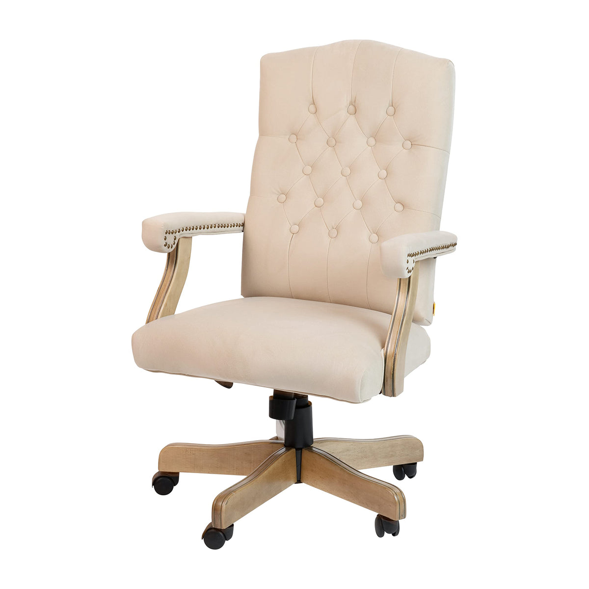 Flash Furniture Derrick Traditional Microfiber Tufted Swivel Office Chair with Wood Base, Ergonomic Farmhouse High-Back Desk Chair, Ivory/Brown