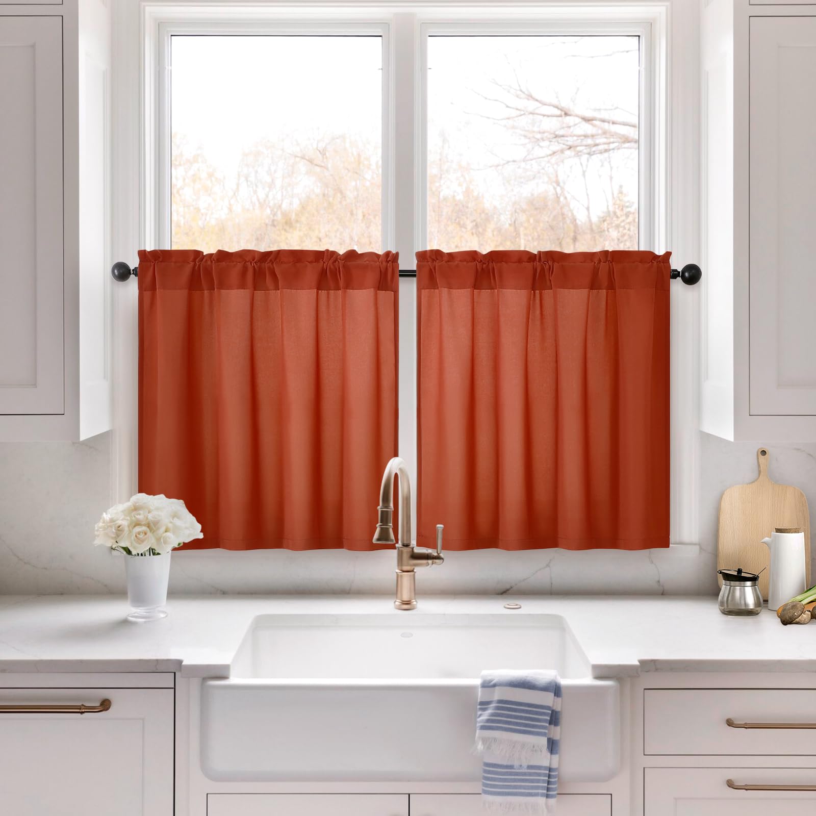 Homeideas Non-See-Through Burnt Orange Privacy Sheer Kitchen Curtains, 30 X 24 Inches Long 2 Panels Short Sheer Curtains Light Filtering Bathroom Window Drapes For Bedroom Living Room