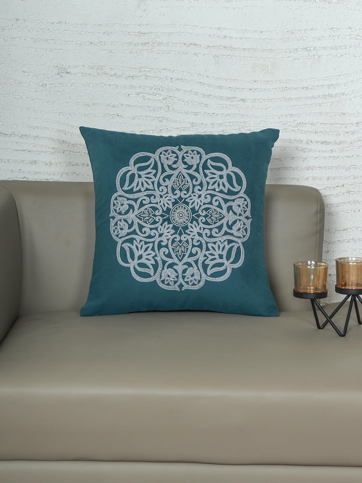 Zeba World Hand Embroidered Cushion Cover  Luxe Collection | Sofa, Bedroom, Couch | Polycanvas Motif Embroidery  Teal Blue  1