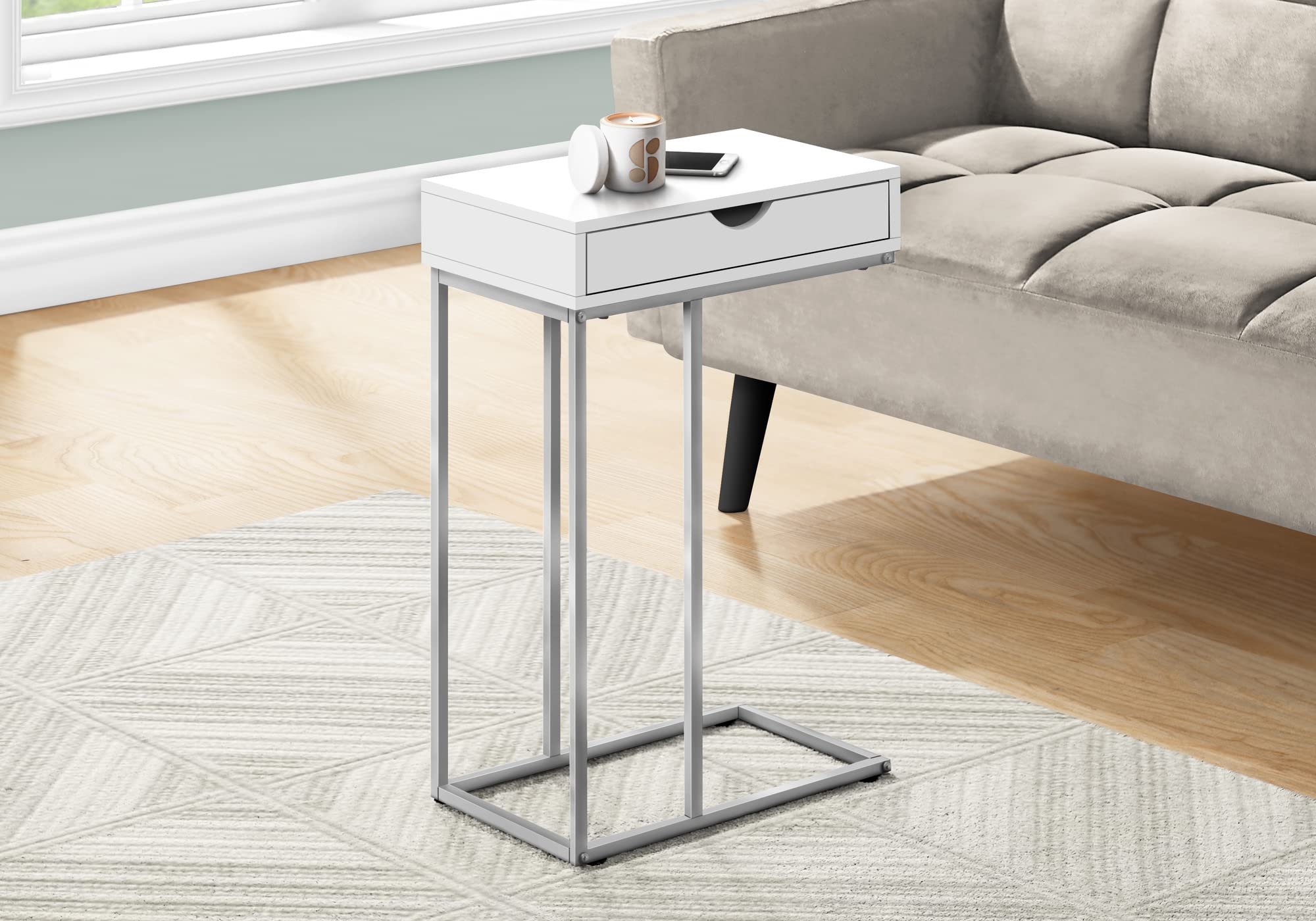Monarch Specialties 3774 Accent Table, C-shaped, End, Side, Snack, Storage Drawer, Living Room, Bedroom, Metal, Laminate, Grey, Contemporary, Modern Table-25 H/White/Silver, 15.75" L x 9.45" W x 24" H