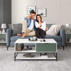 Lilola Home Watson White and Green Wood Coffee Table Steel Frame with Shelves and Drawer