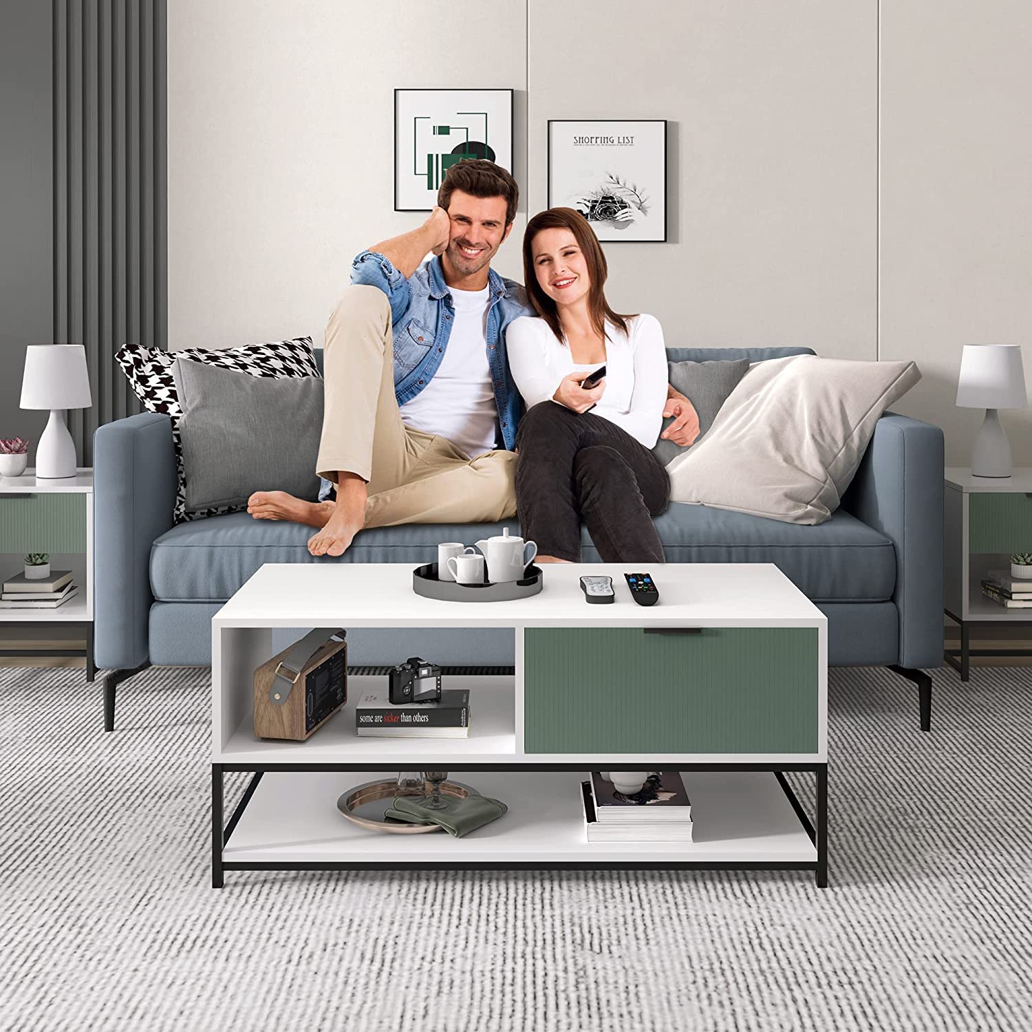 Lilola Home Watson White and Green Wood Coffee Table Steel Frame with Shelves and Drawer