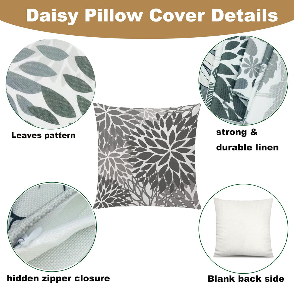 Comminy Grey Pillow Covers 18X18 Set Of 6 Decorative Daisy Flower Throw Pillow Cover For Couch Modern Cushion Cover For Patio Li