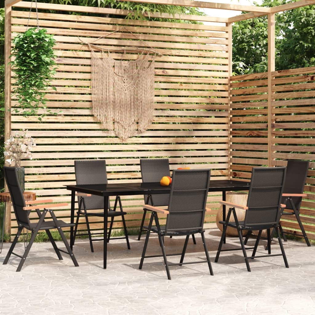 vidaXL Outdoor Patio Dining Set - 7 Piece Rattan Chairs & Glass Top Table - Powder Coated Steel Frame & WPC Elements - Black