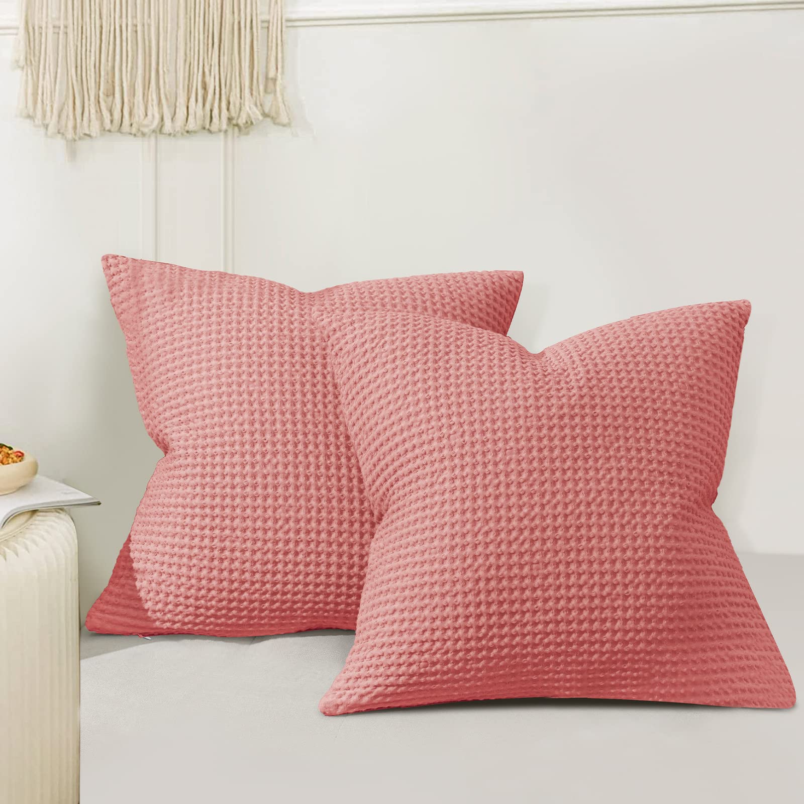 Phf 100% Cotton Waffle Weave Euro Shams Pillow Covers 26' X 26', No Insert, 2 Pack Elegant Home Decorative Euro Throw Pillow Covers For Bed Couch Sofa, Coral Pink