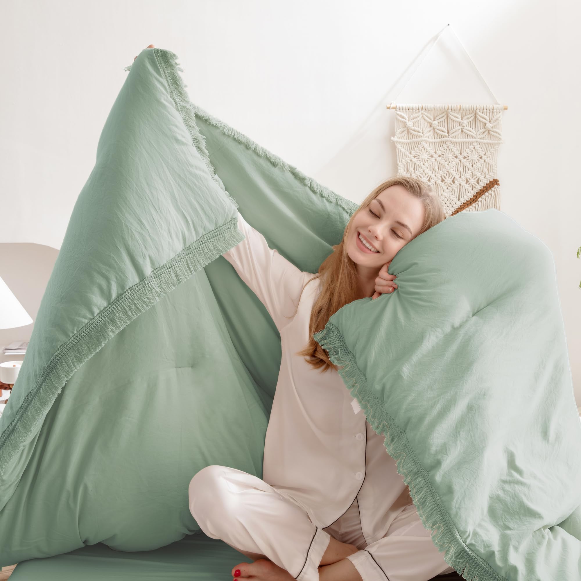 Andency Sage Green Tassel Comforter Set Full(79X90Inch), 3 Pieces(1 Fringe Comforter, 2 Pillowcases) Boho Farmhouse Shabby Chic , Microfiber Lightweight Bedding Set
