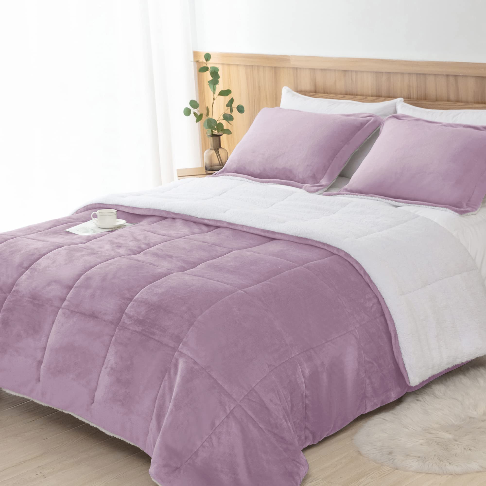 Lavender Purple Fuzzy Sherpa Comforter Set Full Queen Size, Soft Fall Winter All Season Girls Bedding Comforter Sets 3 Piece (1