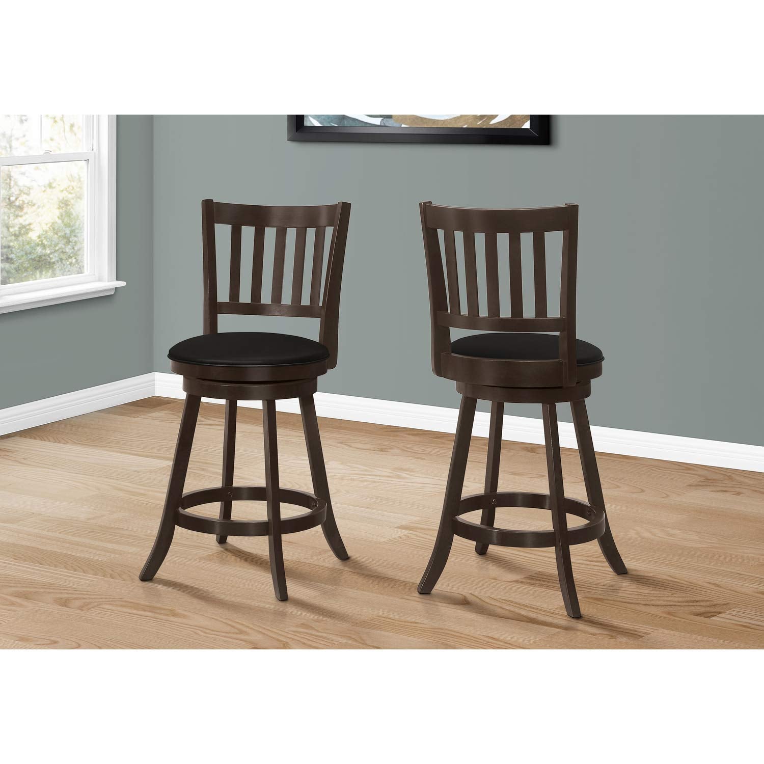 Monarch Specialties I 1237 Bar Stool, Set of 2, Swivel, Counter Height, Kitchen, Wood, Pu Leather Look, Brown, Black, Transitional