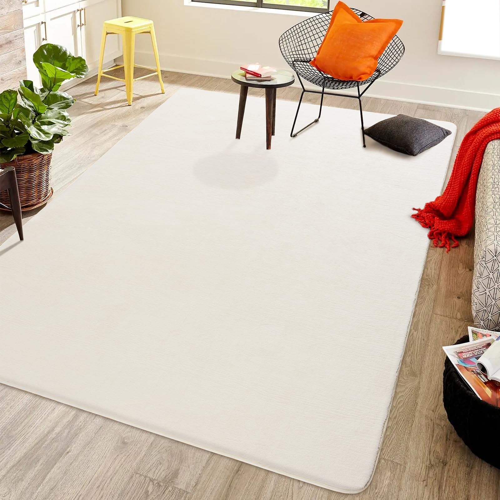 Softlife Washable Bedroom Rug, 4X6 Creamy White Area Rugs For Living Room, Soft Fluffy Fuzzy Carpet Bedside Rug Indoor Non-Slip