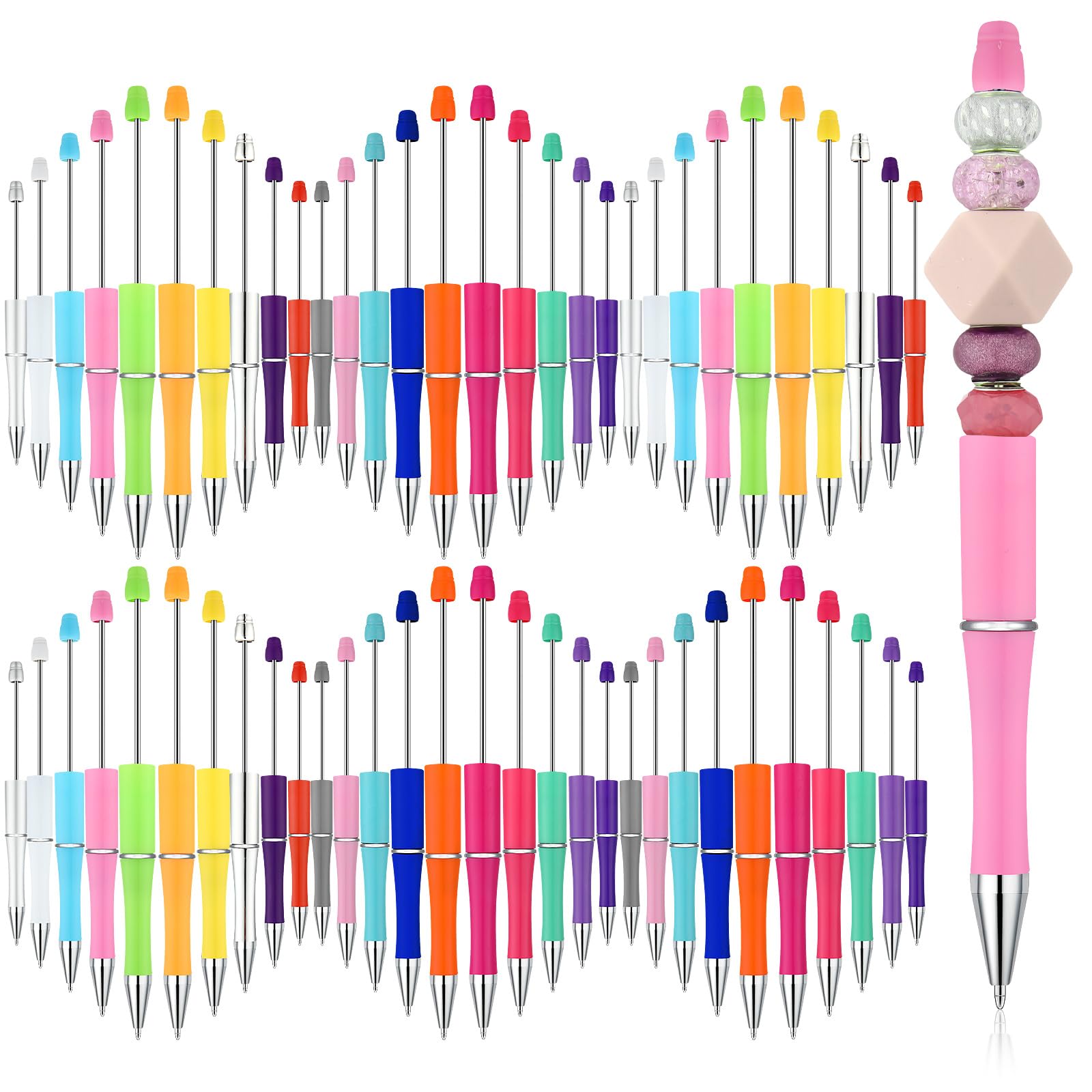 Kosiz 60 Pieces Plastic Beadable Pen Beaded Black Ink Ballpoint Pens For Kids Students Presents Office School Supplies(Candy Col