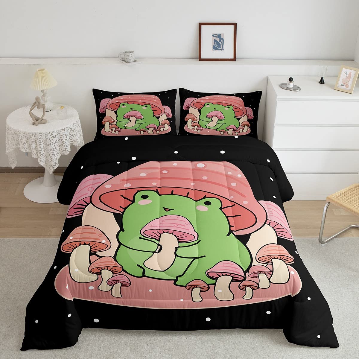 Feelyou Cartoon Mushroom Frog Bedding Set Cute Frog Comforter Set for Kids Boys Girls Natural Wild Fungus Comforter Pink Mushroo