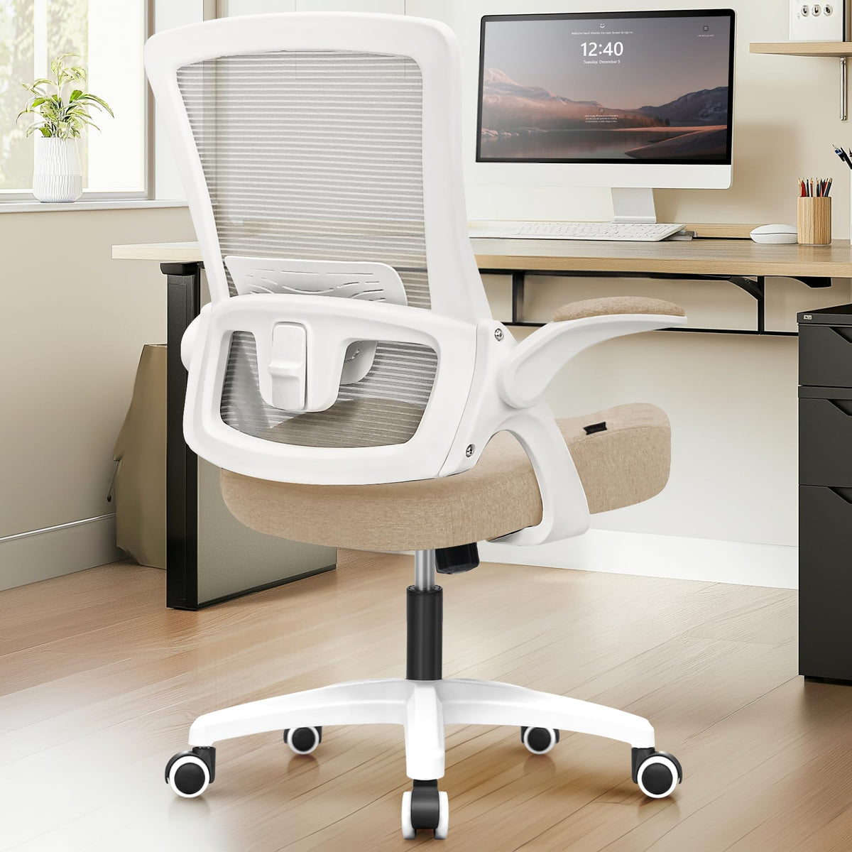 Neo Chair High Back Mesh Office Chair With Adjustable Height Ergonomic Design Executive Lumbar Support Padded Flip-Up Armrests And Swivel Function For Home Office Gaming Computer Desk (Beige)