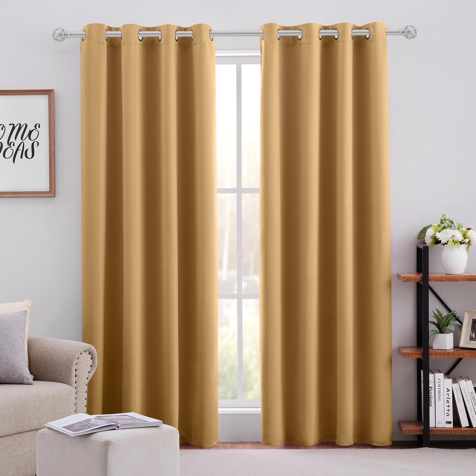 Homeideas Gold Blackout Curtains For Bedroom 52 X 96 Inch Length 2 Panels Set Room Darkening Bedroom Curtains, Soundproof Therma