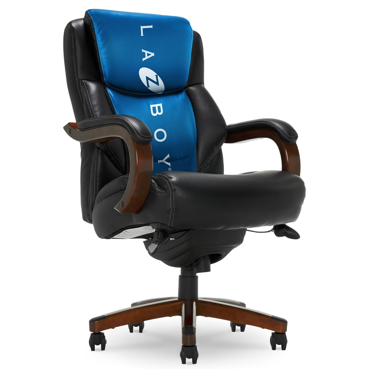 La-Z-Boy Delano Big & Tall Executive Office Chair, High Back Ergonomic Lumbar Support, Bonded Leather, Black With Mahogany Wood Finish