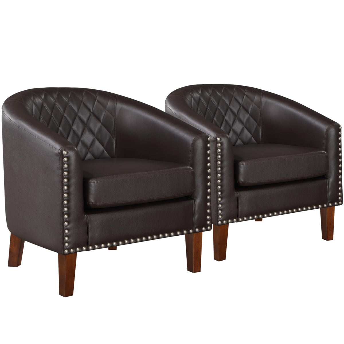 Prilinex Comfy Barrel Accent Chair Set Of 2 - Faux Leather Living Room Chair Club Chair With Cushion, Diamond Grid Backrest & Na