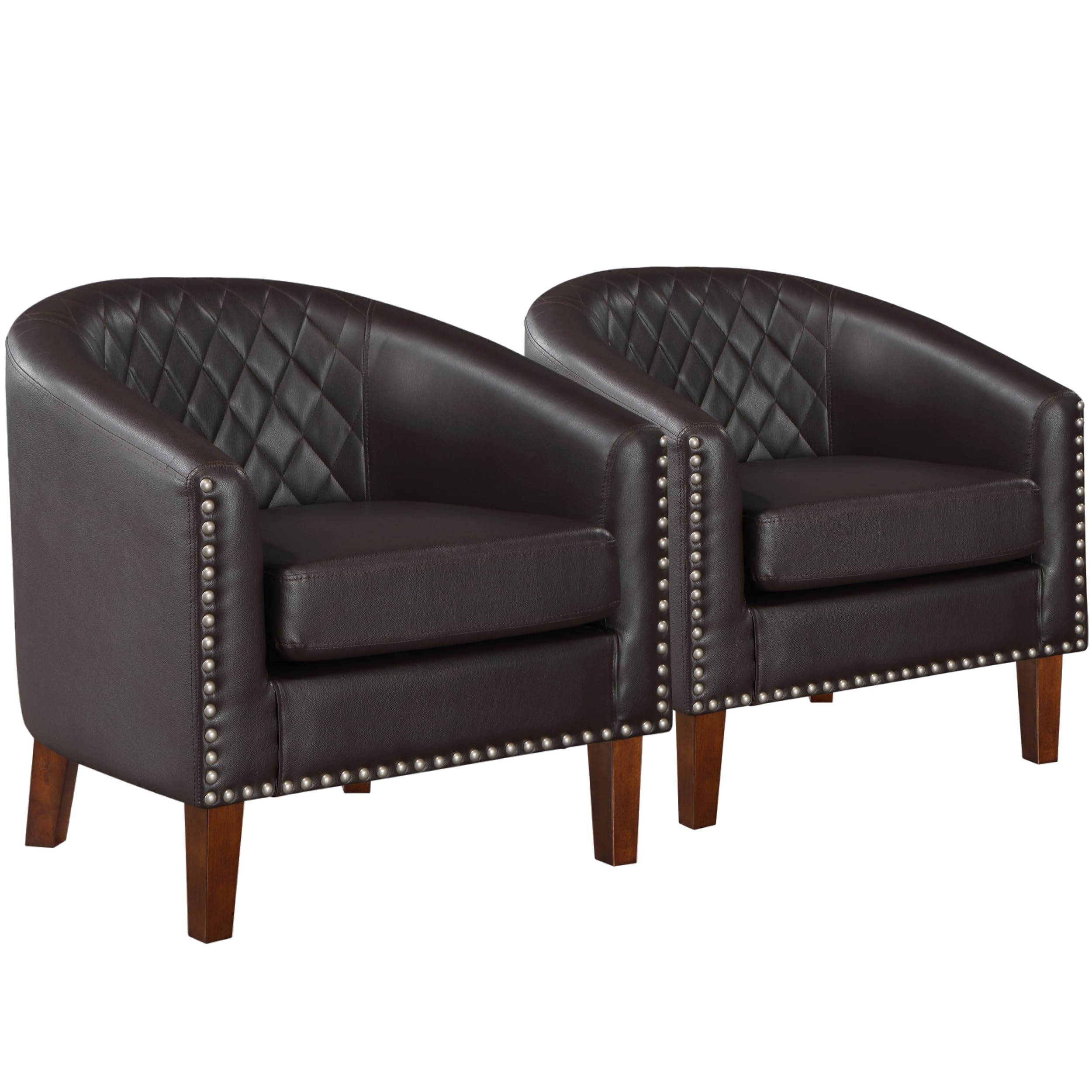 Prilinex Comfy Barrel Accent Chair Set Of 2 - Faux Leather Living Room Chair Club Chair With Cushion, Diamond Grid Backrest & Na