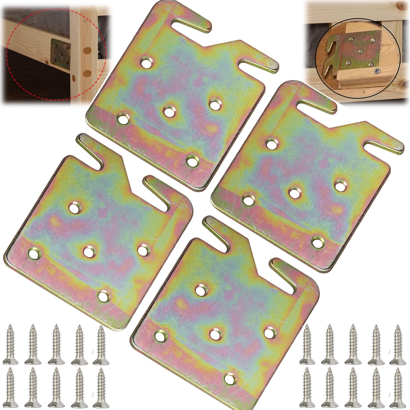 Woiron 4Pcs Heavy Duty Wood Bed Rail Hook Plates For Headboard And Footboard, Bed Rail Fitting Bracket With Mounting Screws, Universal Hardware Claw Hook Plate For Wooden Frame