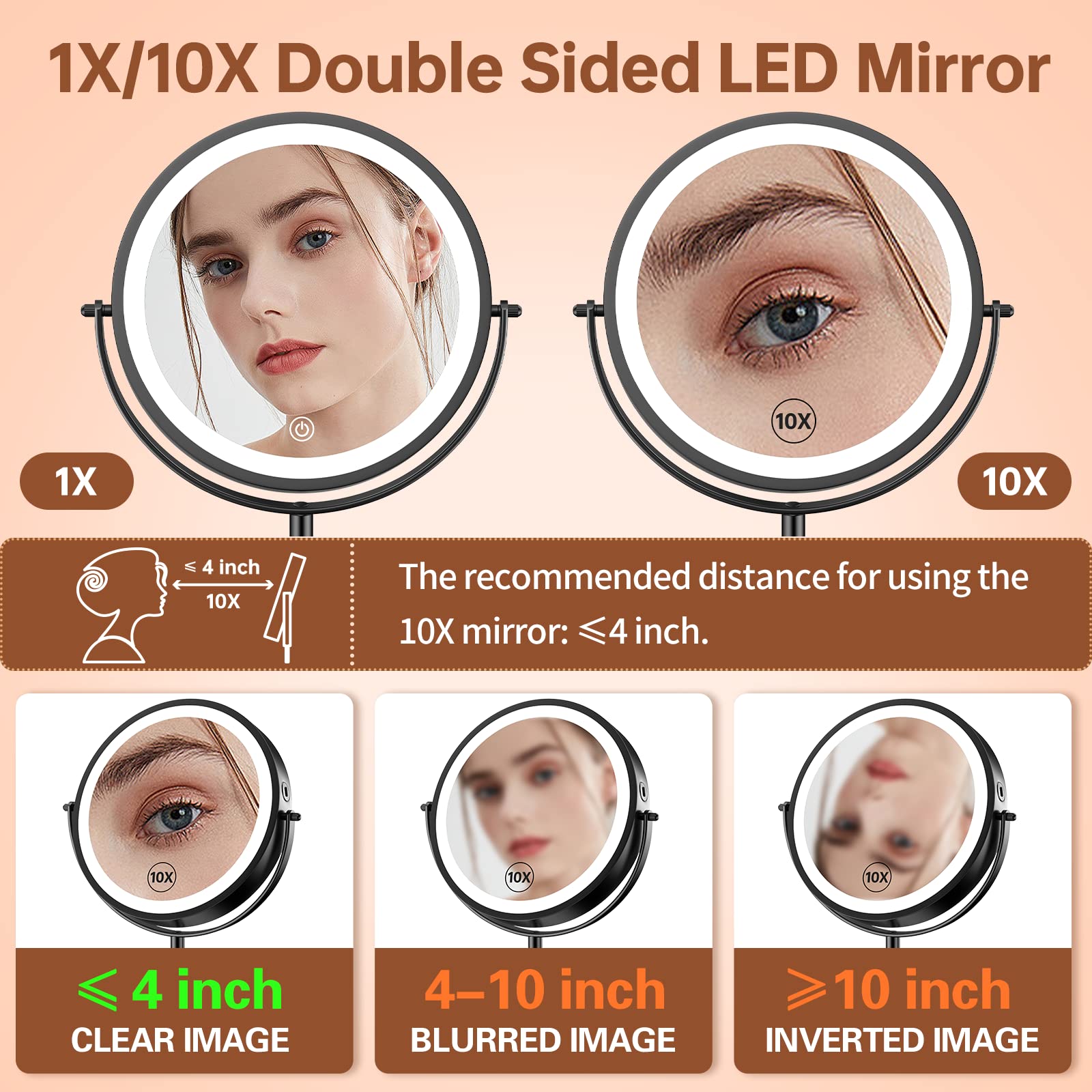 Benbilry 8' Lighted Makeup Vanity Mirror With 3 Color Dimmable Lights, 1X/10X Magnifying Rechargeable Double Sided Cosmetic Mir