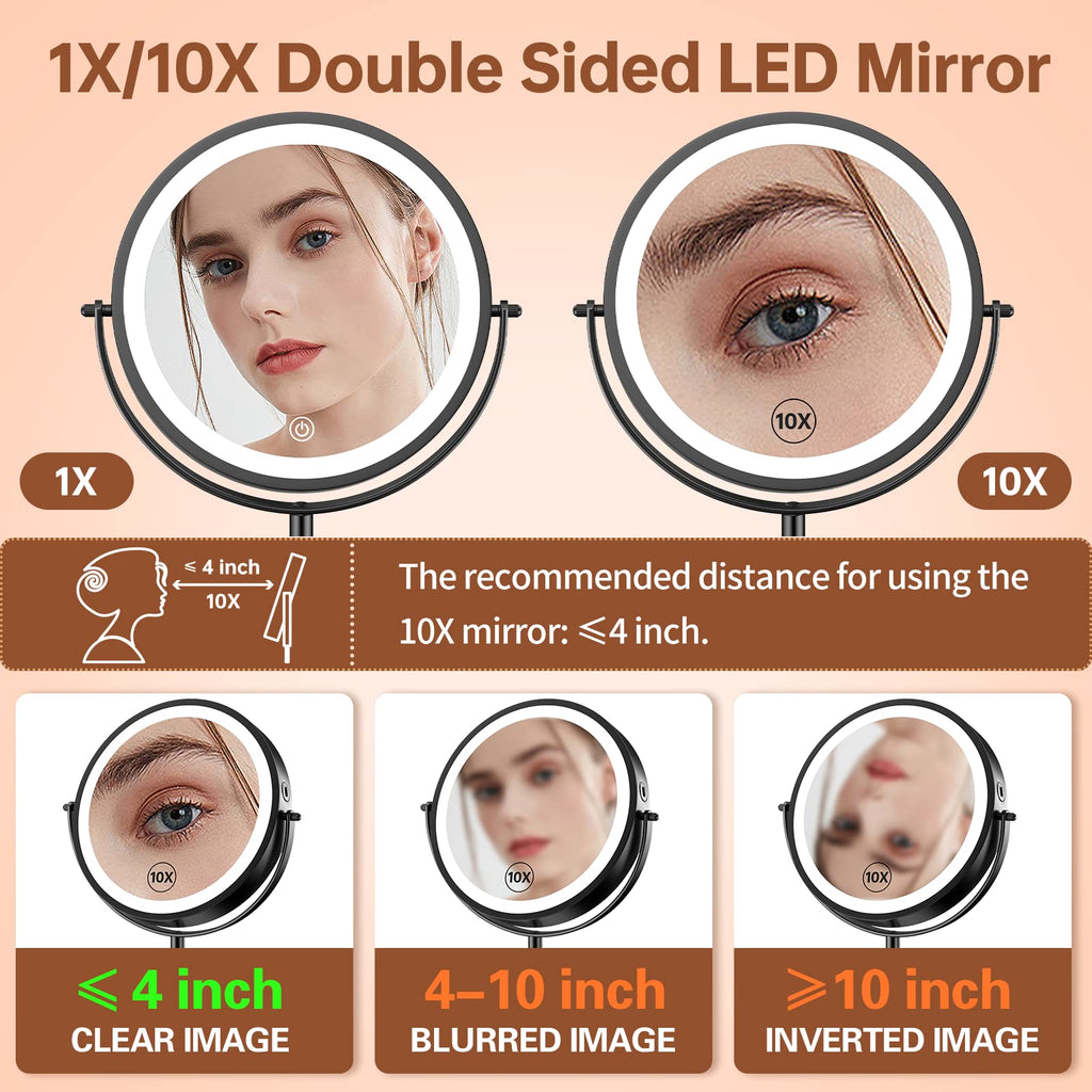 Benbilry 8' Lighted Makeup Vanity Mirror With 3 Color Dimmable Lights, 1X/10X Magnifying Rechargeable Double Sided Cosmetic Mir
