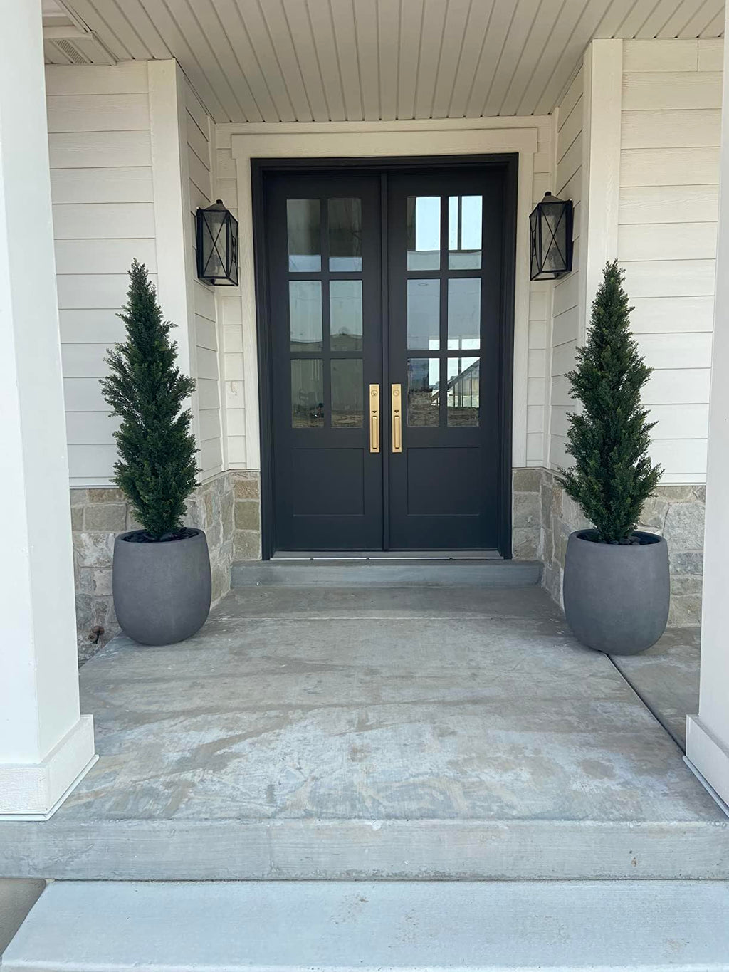 Set Of 2 Pre-Potted 5 Feet Faux Cedar Tree, Lifelike Uv Protected Front Door Decor, Porch, Garden, Entryway Topiary, Indoor/Outd