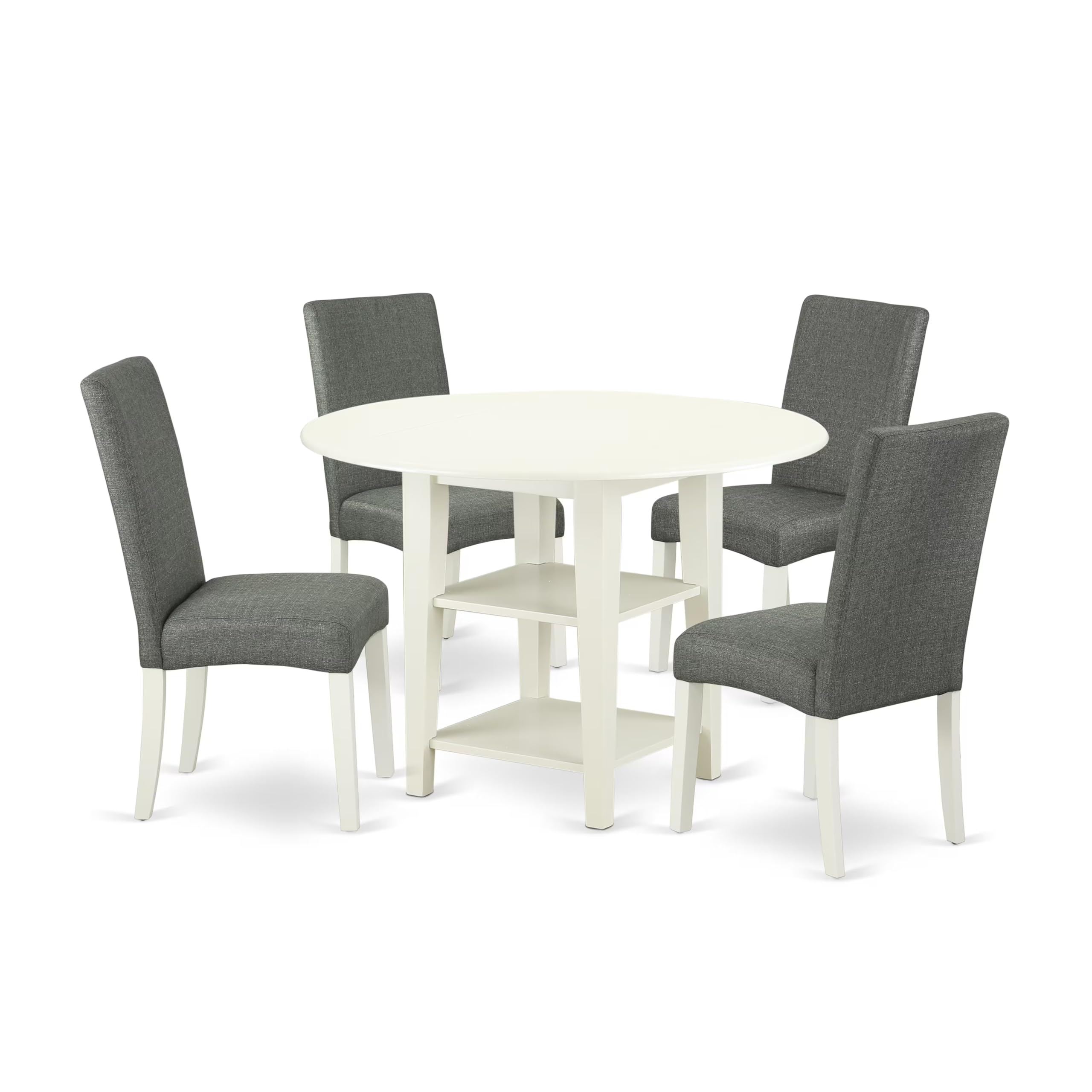 East West Furniture Sudr5-Lwh-07 5 Piece Dining Set Includes A Round Dining Room Table With Dropleaf & Shelves And 4 Gray Linen Fabric Upholstered Parson Chairs, 42X42 Inch, Linen White
