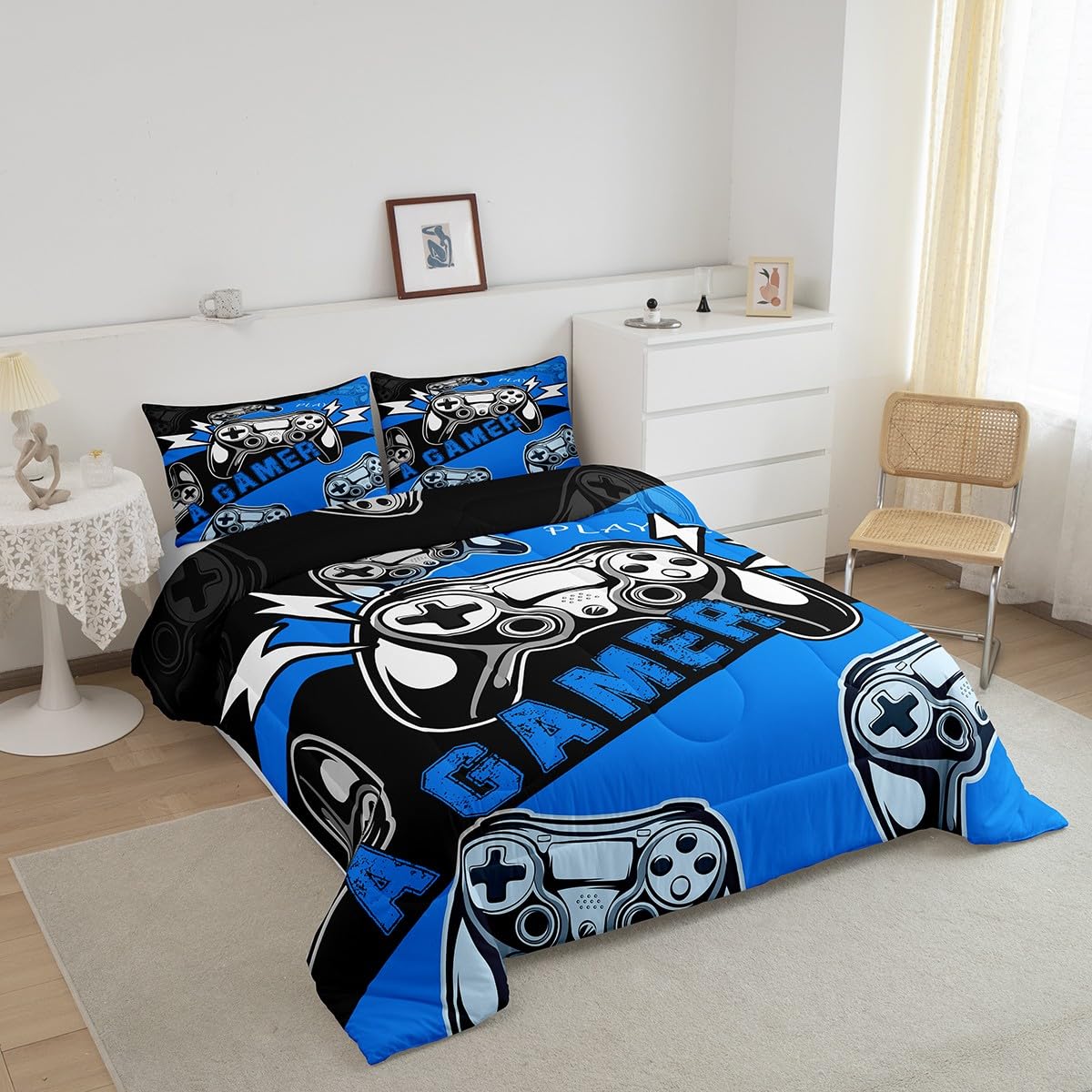 Erosebridal Gaming Comforter Sets For Boys Kids Video Game Comforter Set,Gamer Bedding Set Blue Black Quilt Duvet Set Men Boys B