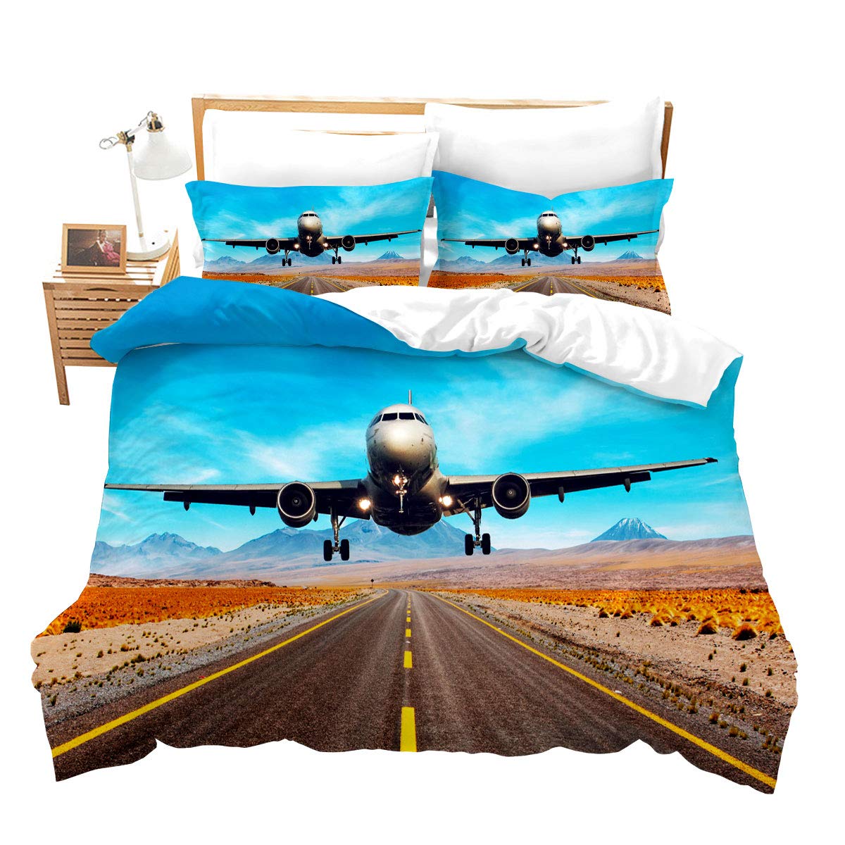 Feelyou Boys Girls Duvet Cover Set Queen Size For Kids Children Teens Aviation Aircraft Runway Bedding Set 3D Airplane Comforter