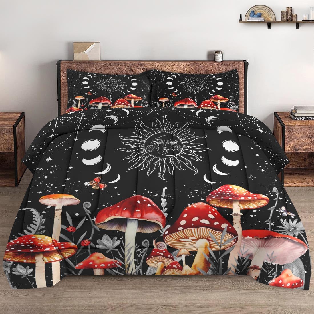 Wecozy 3 Pcs King Size Comforter Set With 2 Pillowcases, Sun Moon Boho Mushroom Bedding Set For Kids And Adults, Astrology Tarot