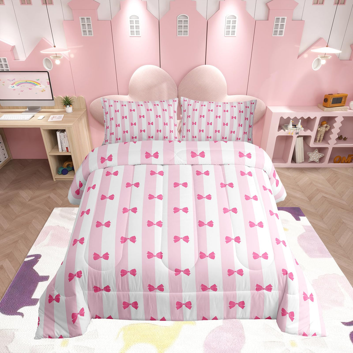 Feelyou Kids Girls Pink Bow Comforter Set,White And Pink Stripe Bow Bedding Set Full Size,Cute Bowknot Comforter,Kawaii Soft Bed
