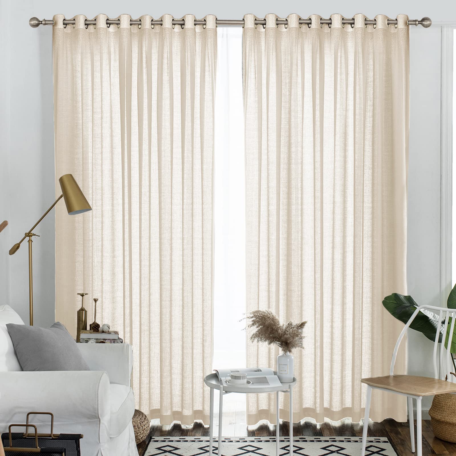 Melodieux Natural Beige Semi Sheer Curtains 108 Inches Long for Living Room, Bedroom Extra Long Linen Look Rustic Grommet Voile 
