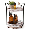 Qunclay 360 Rotating 2 Tier Wooden Tray Organizer Rustic Farmhouse Vanity Storage Large Capacity Round Organizer with Iron Frame