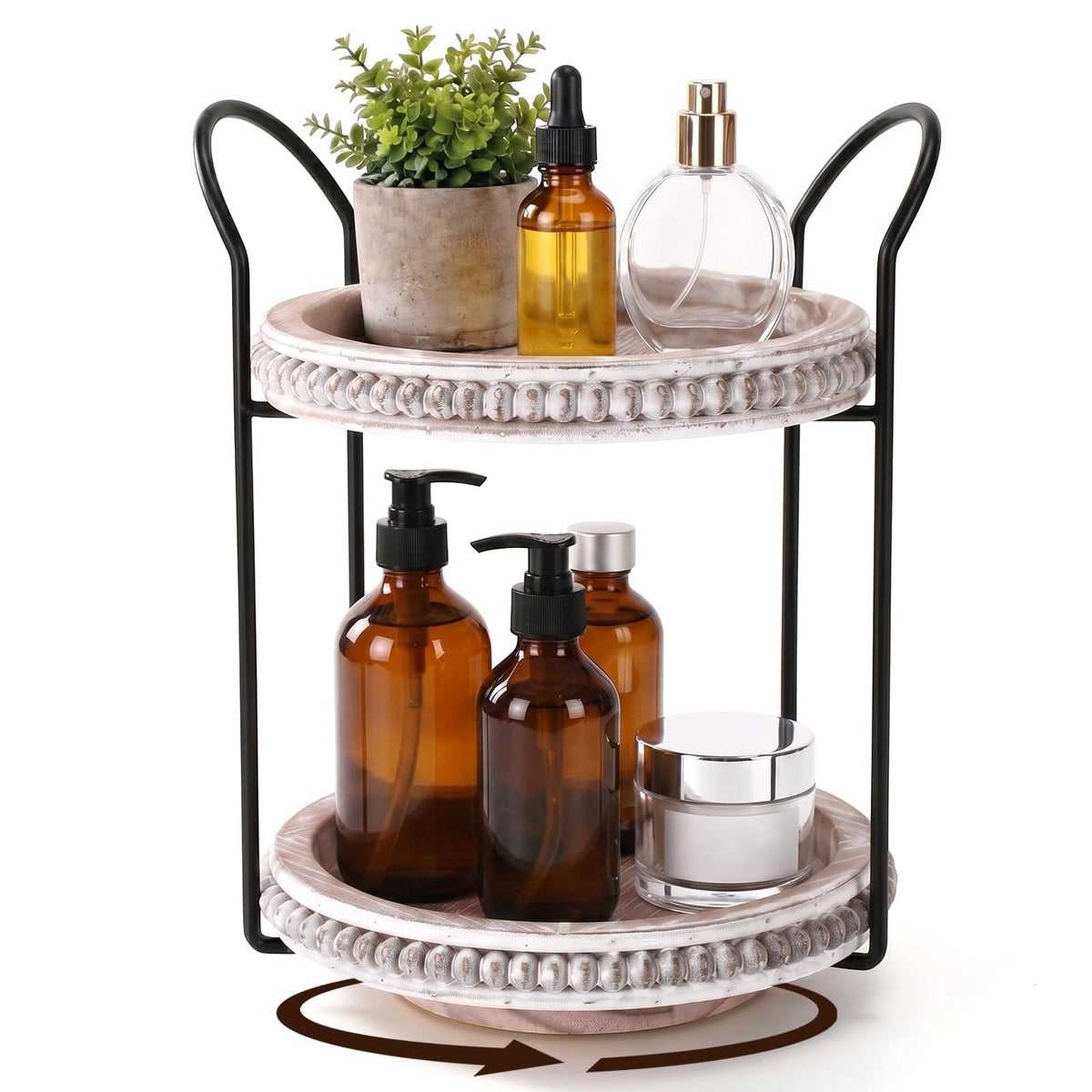 Qunclay 360 Rotating 2 Tier Wooden Tray Organizer Rustic Farmhouse Vanity Storage Large Capacity Round Organizer with Iron Frame