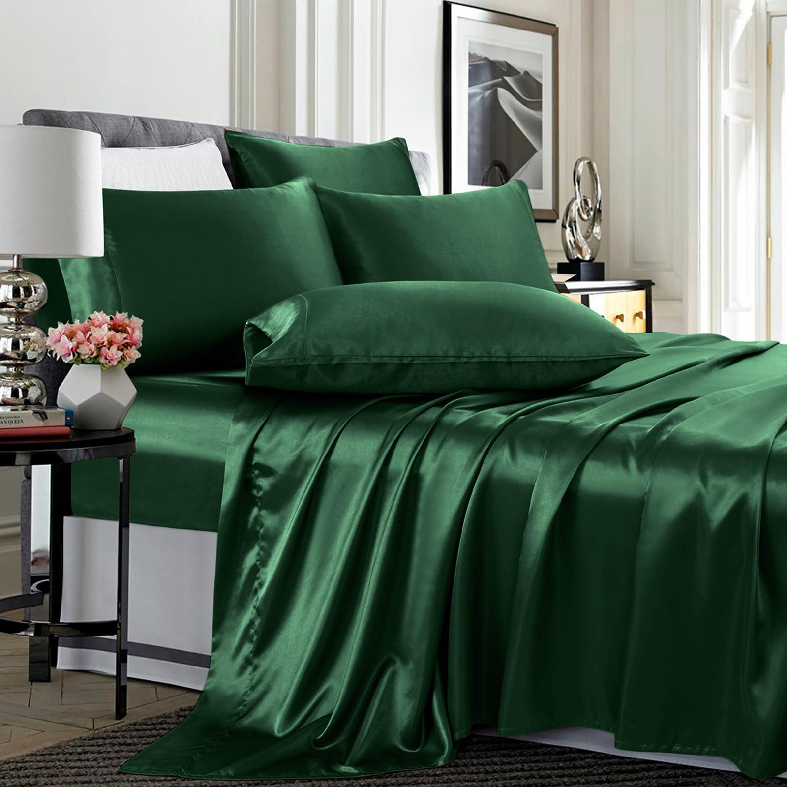TREELY Satin Sheets Queen Size - 6 Piece Blackish Green Soft Satin Bed Sheet Set with Deep Pocket, 1 Fitted Sheet +1 Flat Sheet 