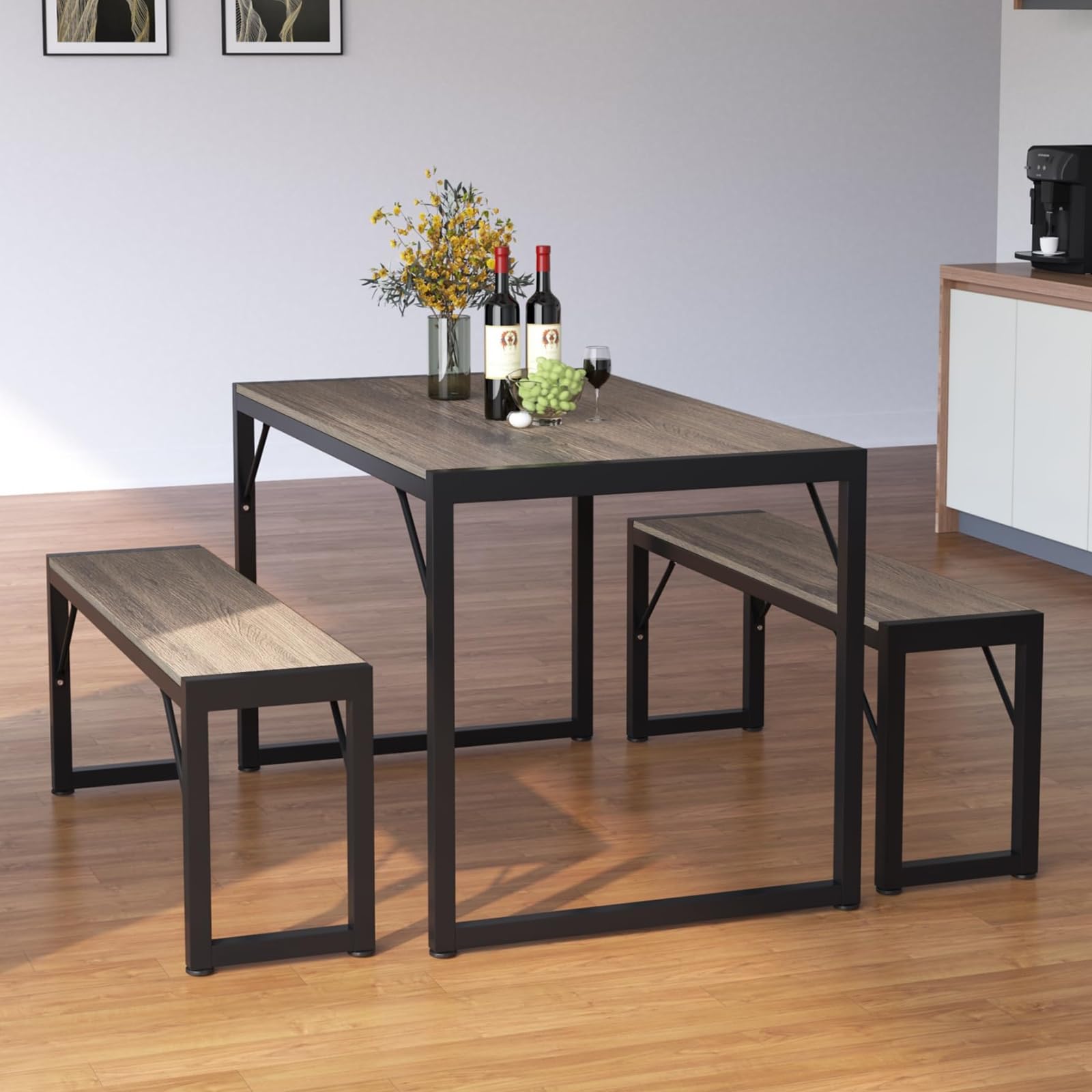 Bealife Dining Table Set For 4, Modern Kitchen Table Set With 2 Benches, 45.5In 3-Piece Soho Dining Room Table Set With Metal Fr