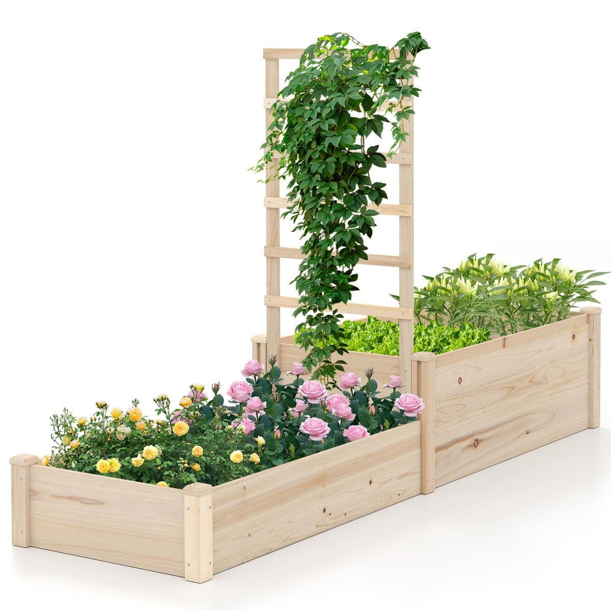 Giantex Wooden Raised Garden Bed With Trellis & 2 Planter Boxes, Raised Bed For Vegetables Flowers Vine Fruits Herbs Gardening P