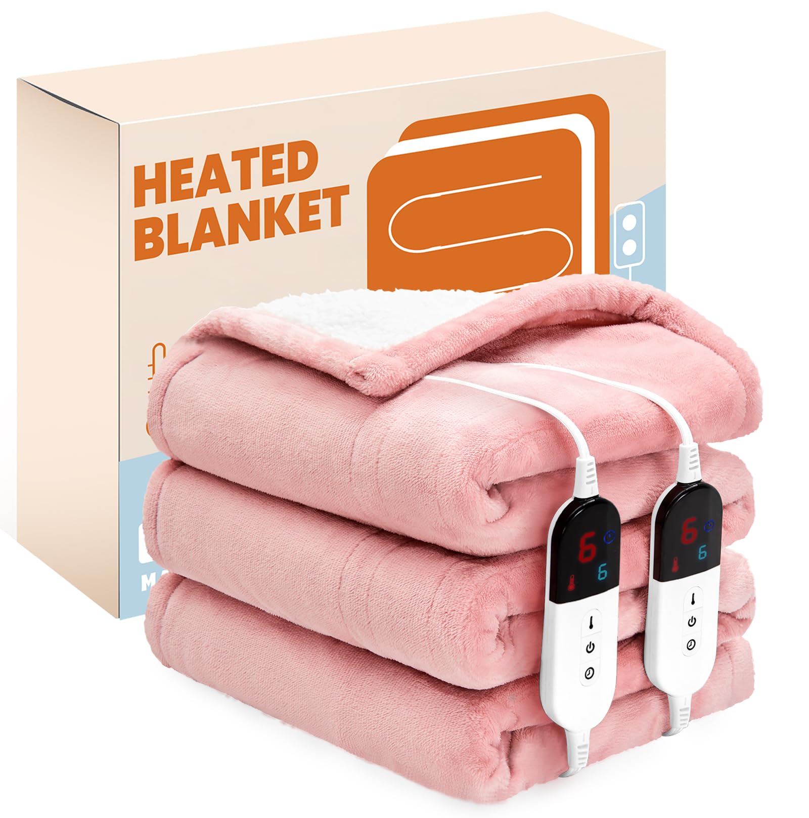 Ptq Electric Heated Blanket,Flannel & Sherpa Heated Queen Blanket 84'X90',Fast Heating Soft Fleece Blanket With 6 Heating Leve