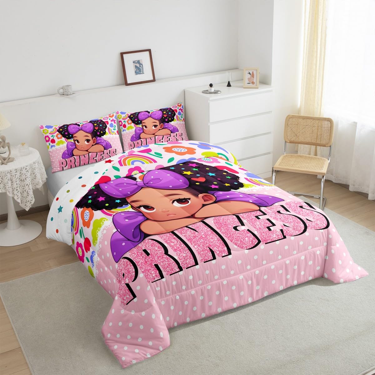 Black Girls Comforter Set Full Size,Princess Girl Pink Diamond Glitter Pattern Bedding Set 3Pcs,Cute African Style Americans Qui