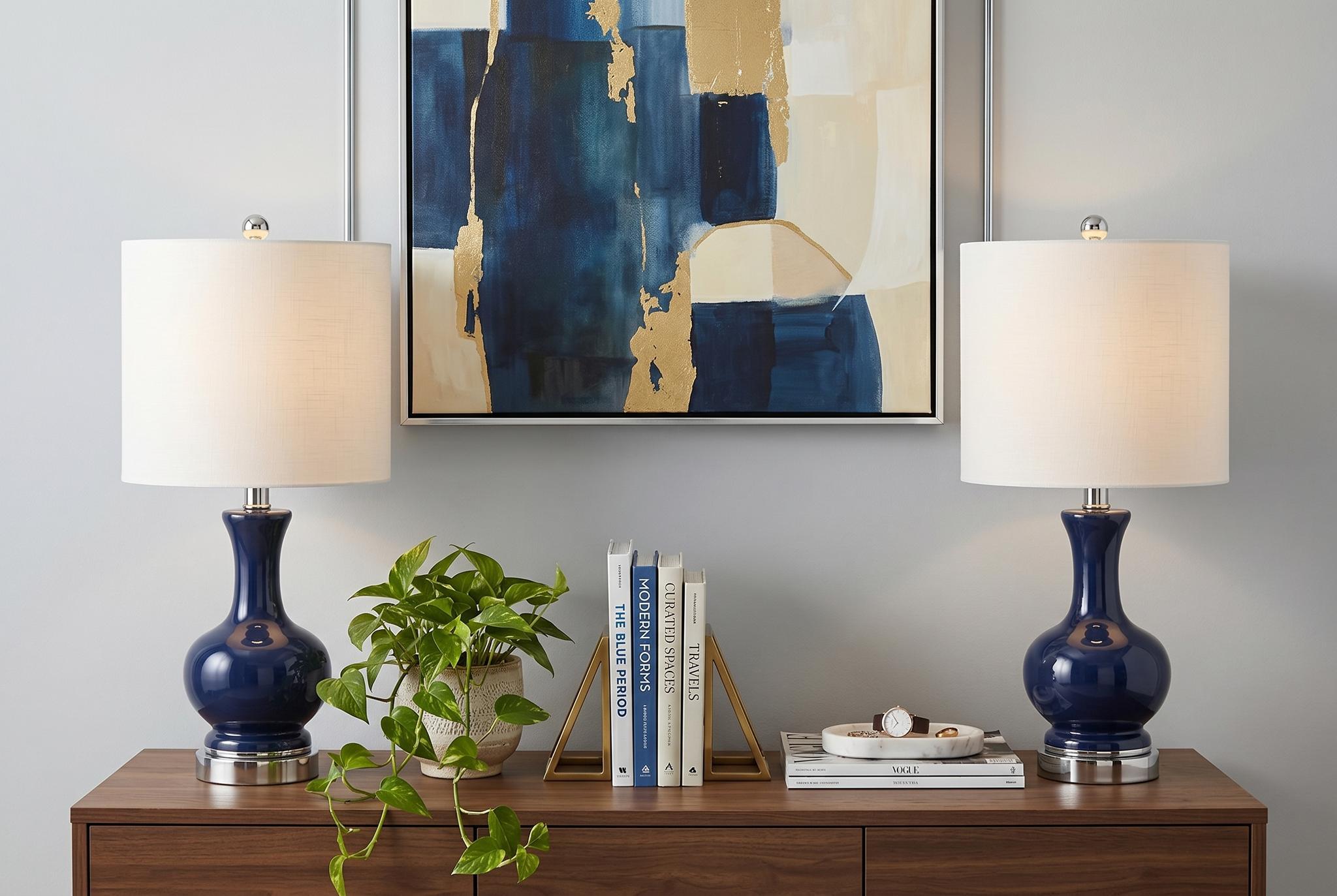 Set of Two 22 Navy Blue And Silver Gourd Bedside Lamps With Drum Shades