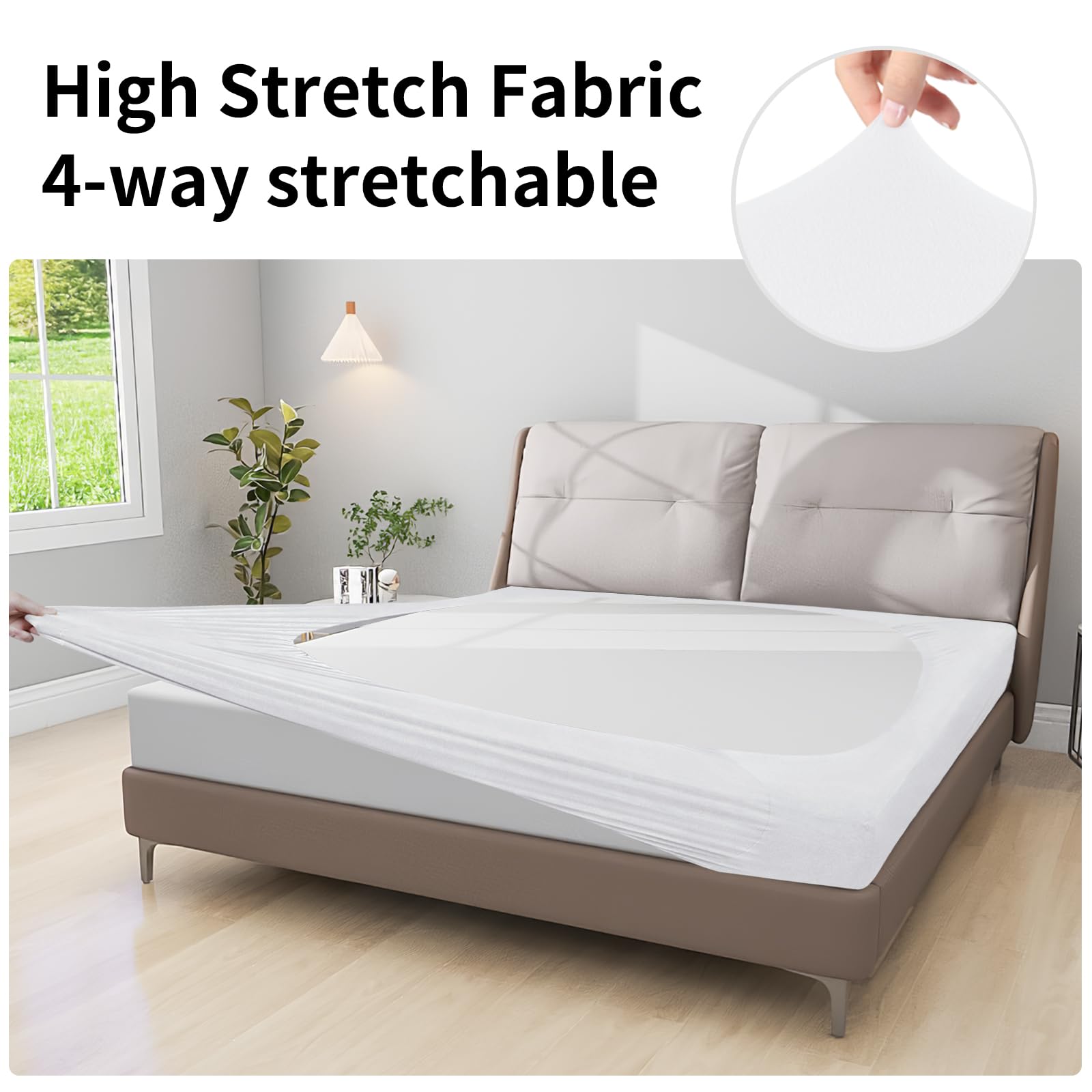 Easy-Going Box Spring Cover Queen Size, 4 Way Stretch Smooth And Elastic Wrap Around Band 4 Sides Bed Skirt, White
