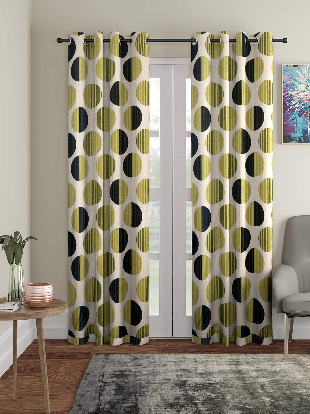 Cortina 2 Piece Polka Design Panel Eyelet Polyester Door Semi Sheer Curtains  7 Feet, Green