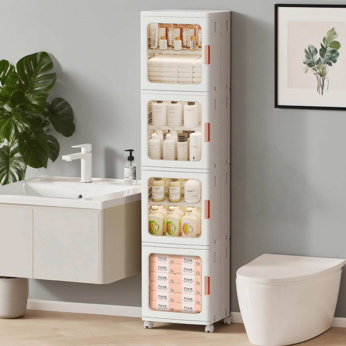 KINDLYF 4Tier Tall Narrow Bathroom Storage Cabinet for Small Space,White