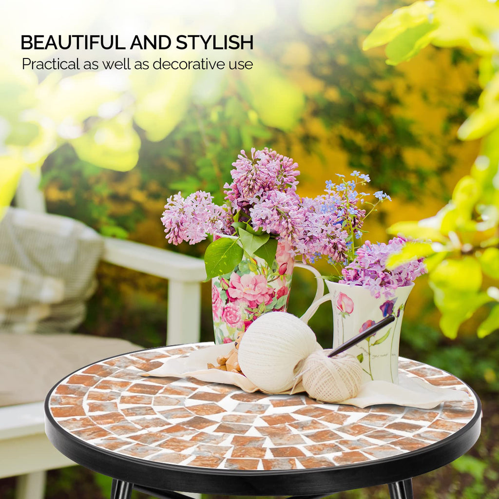 Vingli Mosaic Outdoor Side Table, 14' Round End Table, Accent Table, Plant Stand Ideal For Pool Side, Porch, Patio, Deck Or Sofa Side, Glass Top Black Iron, Golden Yard