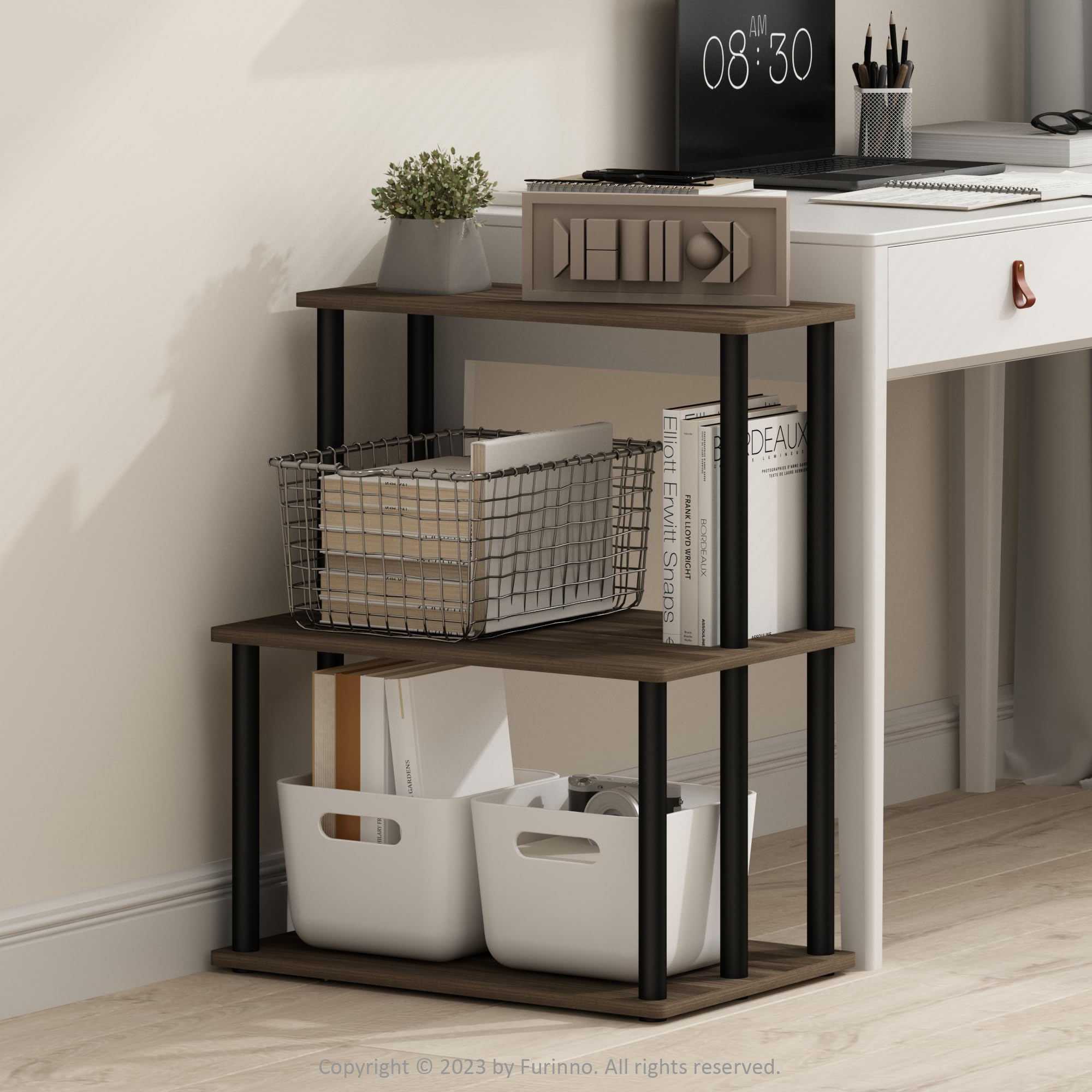 Furinno Turn-N-Tube 3-Tier Toolless Multipurpose Printer Stand Display Storage Shelf, Columbia Walnut/Black